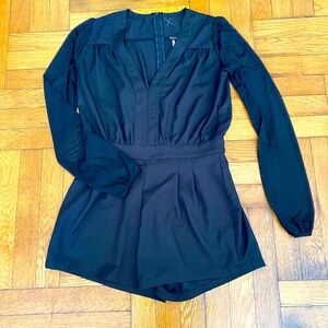Poof Romper Black Long Sleeve Sheer Sleeves V-Neck Banded Waist Pleats - Small
